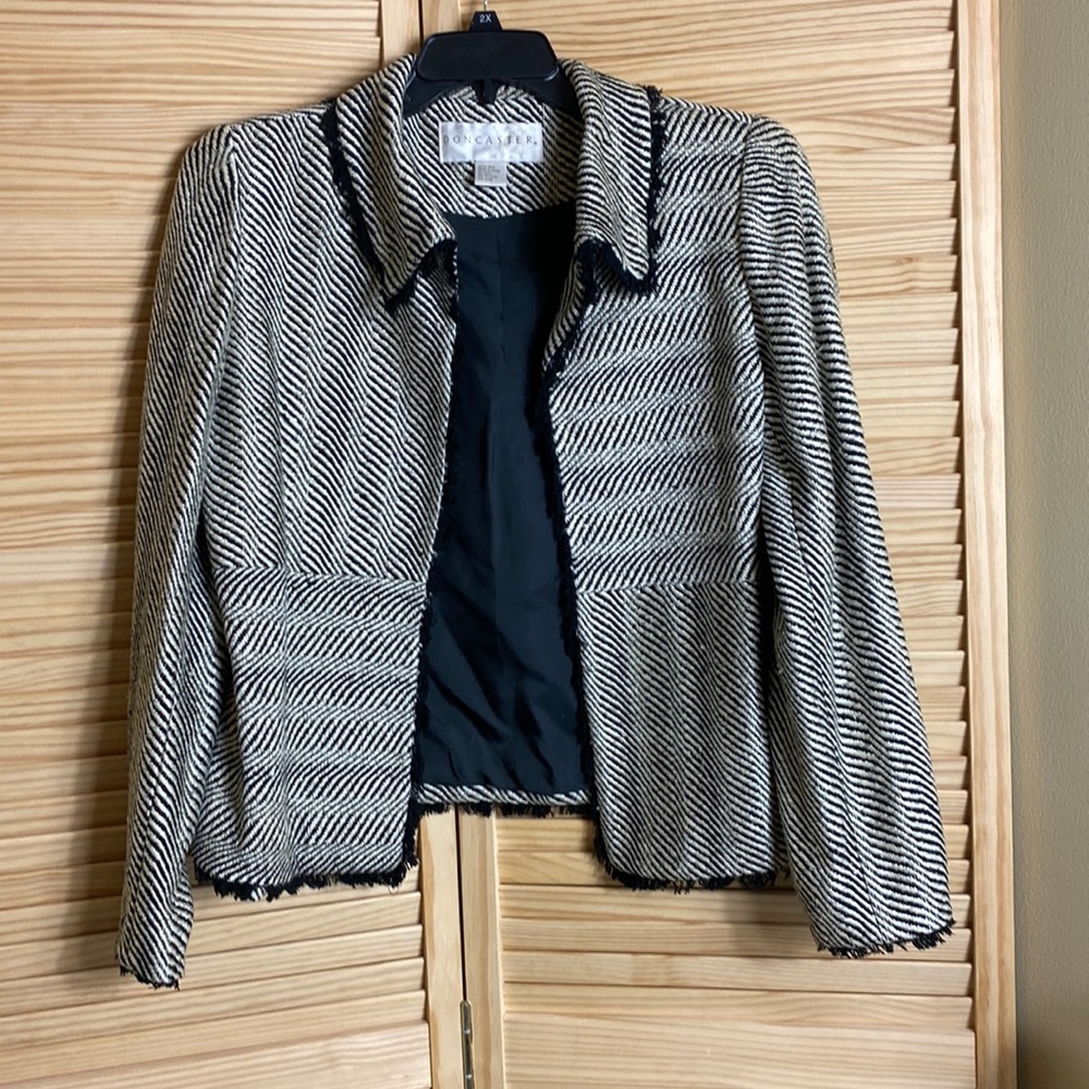 DonCaster Ladies Woven Silk Jacket Black White with Black Fringe Women's Size 12